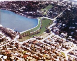 Photo of model showing rebuilt dam, 1973